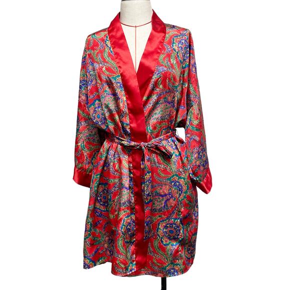Vintage Morgan Taylor Size S Red Printed Satin Loungewear Robe - Picture 2 of 8